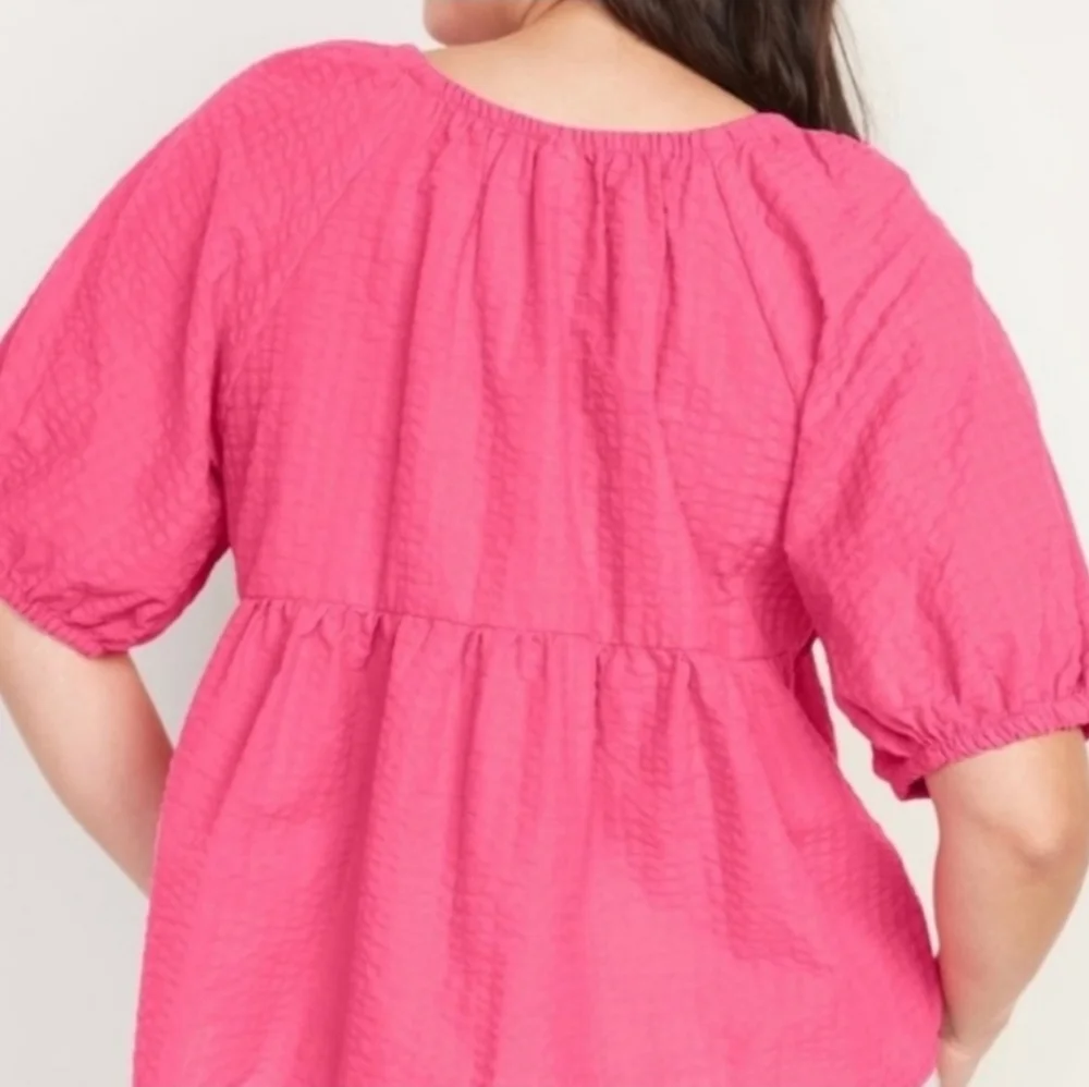Old Navy Bright Pink Puff Sleeve Blouse Size L Large Barbie Pink